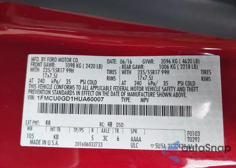 2017 Ford Escape Se из США, поврежденный, VIN 1FMCU0GD1HUA60007